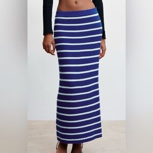 MANGO Blue and White Striped Knit Midi Skirt